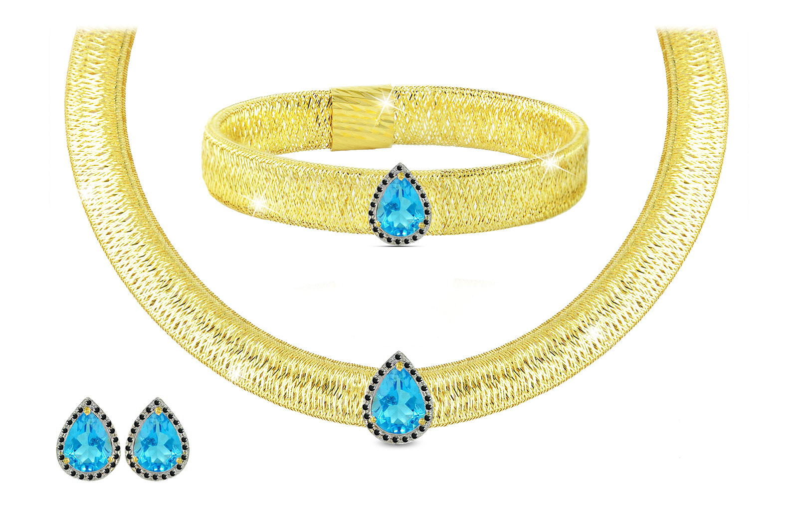 Vera Perla 18K Gold 0.48ct Black Diamonds, Topaz and 13mm Black Pearl Jewelry Set - 3 pcs.